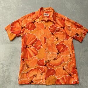 True Vintage 60s 70s Pomare Hawaiian Shirt Barkcloth Orange Hibiscus Aloha Men S